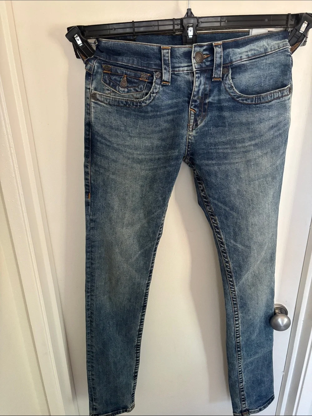True Religion Men's Washed Blue Skinny Jeans with Signature Back Pockets